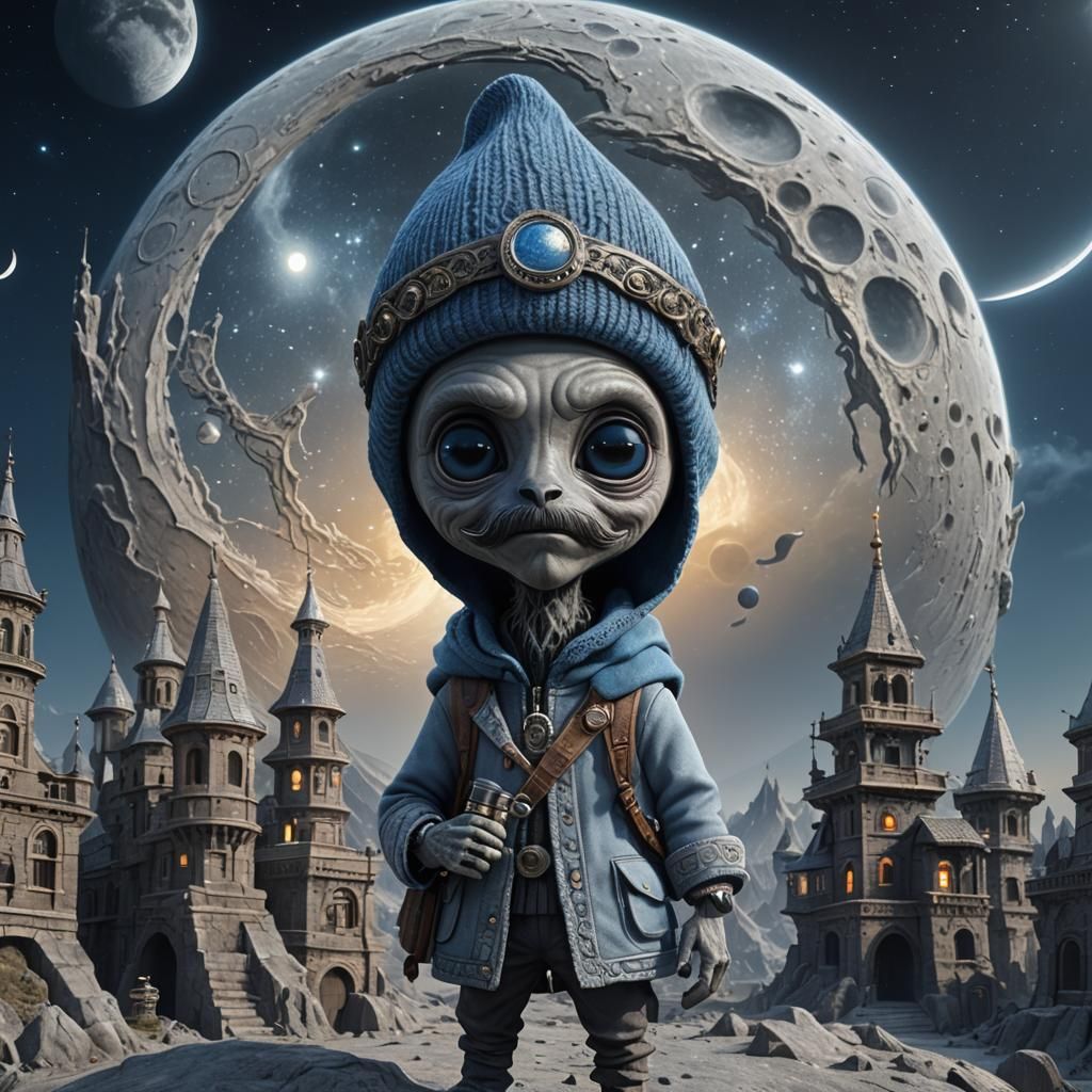 Hyper Realistic Alien with Telescope on the Moon