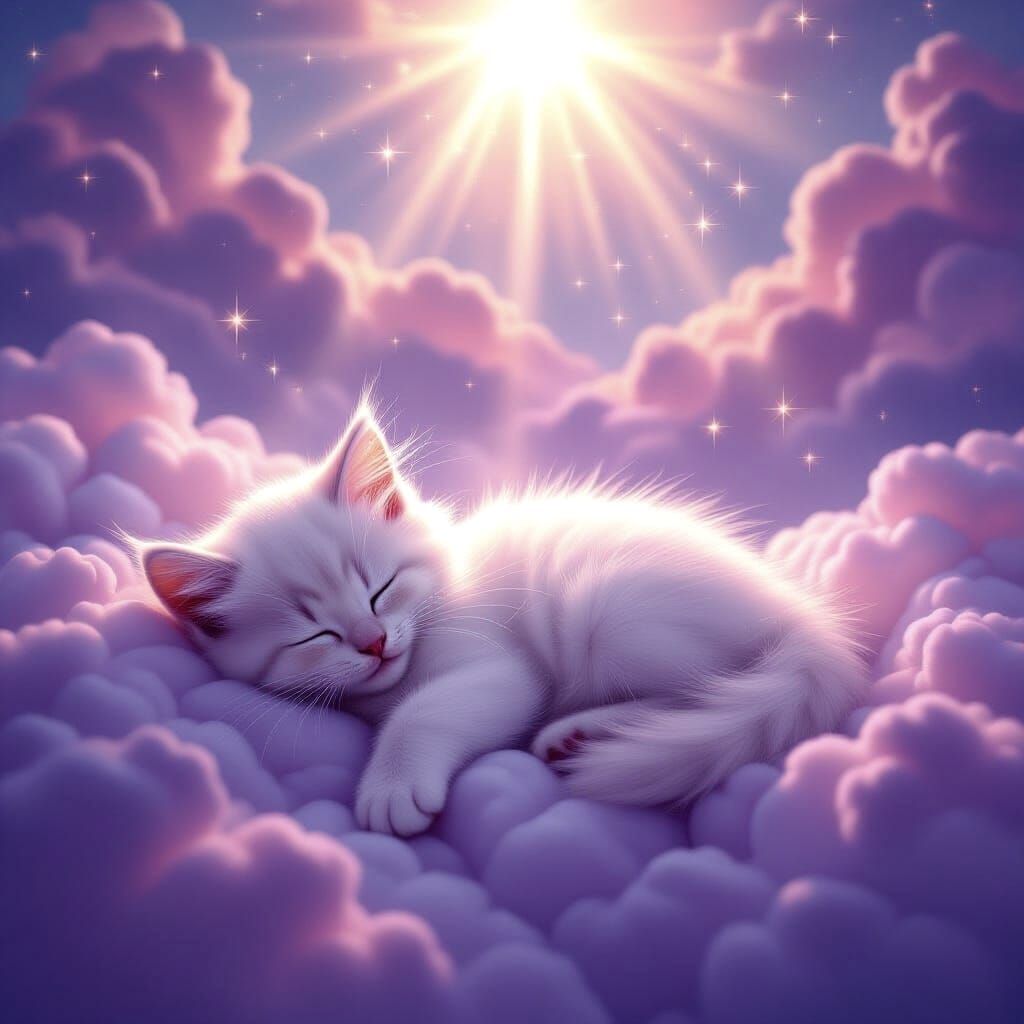 Cute Kitten Sleeping Peacefully in Celestial Clouds