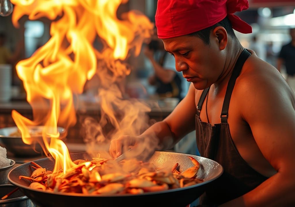 Bangkok Street Cook in Yaowarat: High-Resolution Photograph