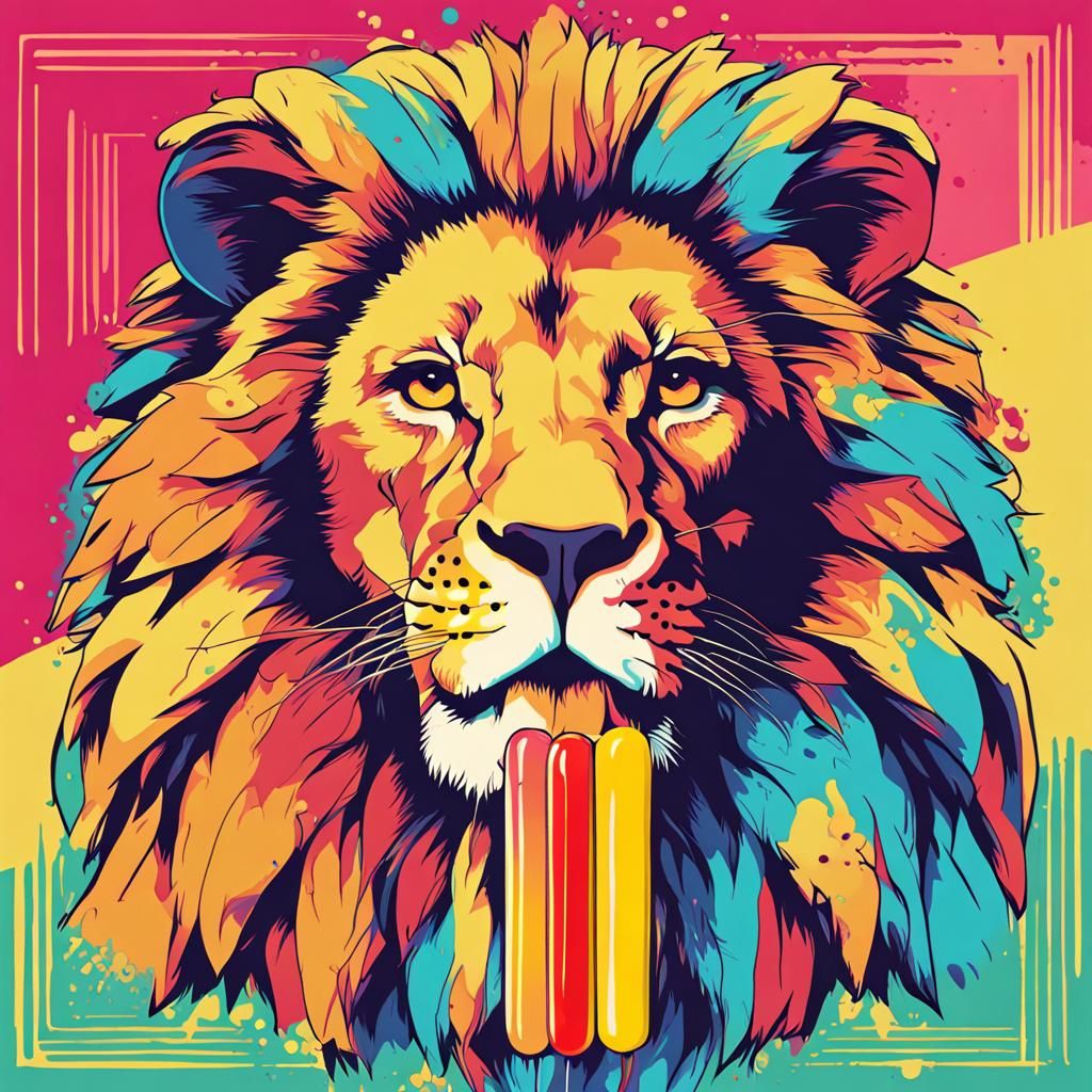 Lion Eating Popsicle in Pop Art Style
