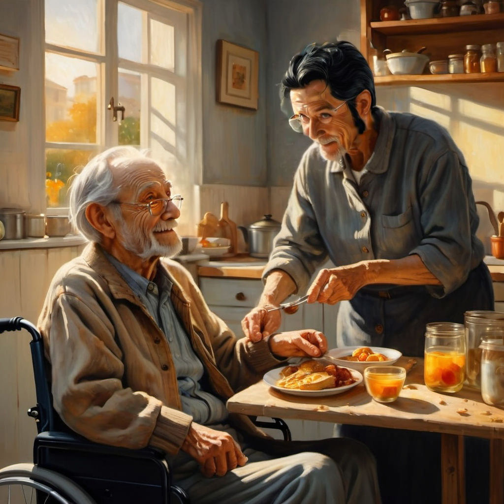 Elderly Man Receives Meal in Cozy Dining Room