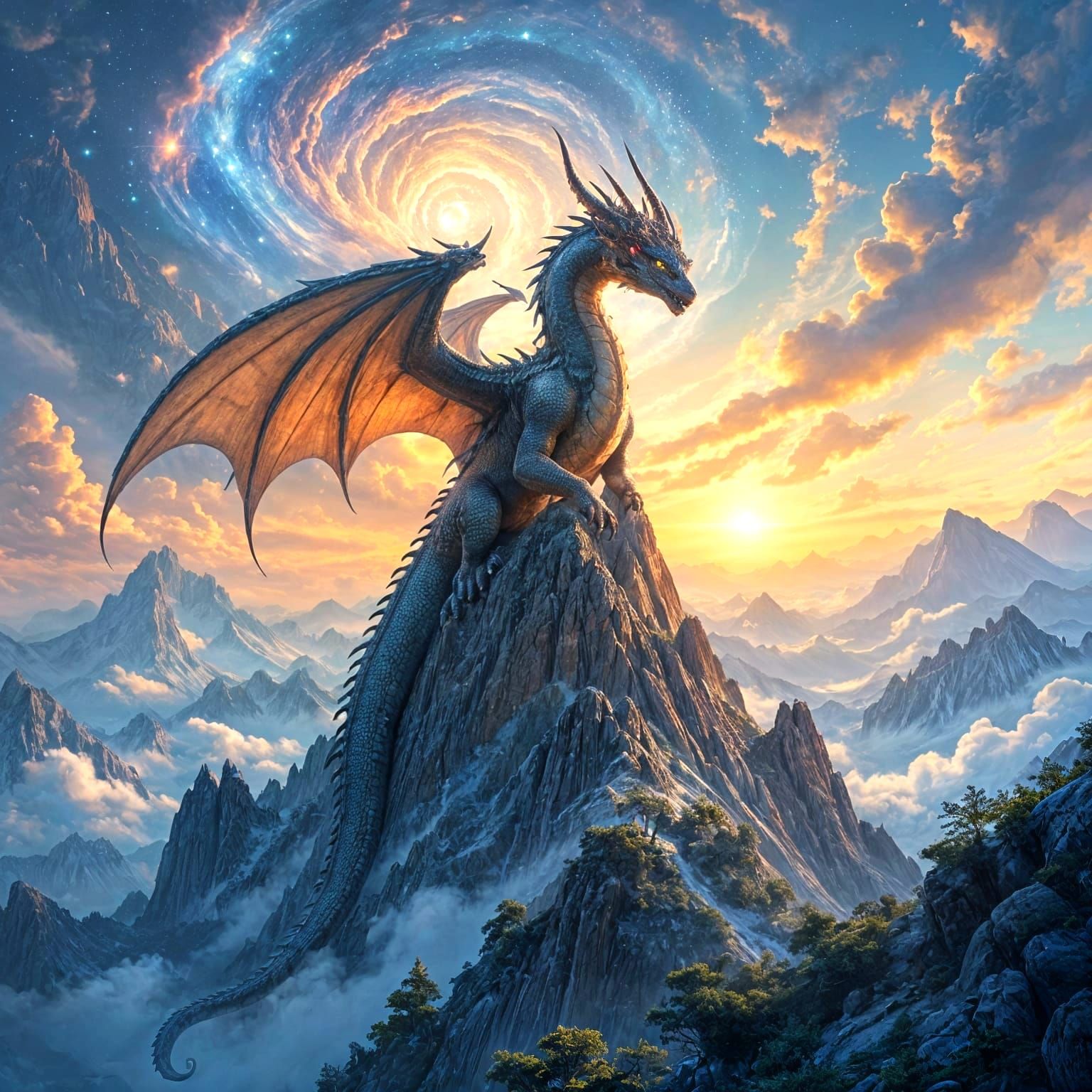 Colossal Nebula Dragon on Mountain Peak