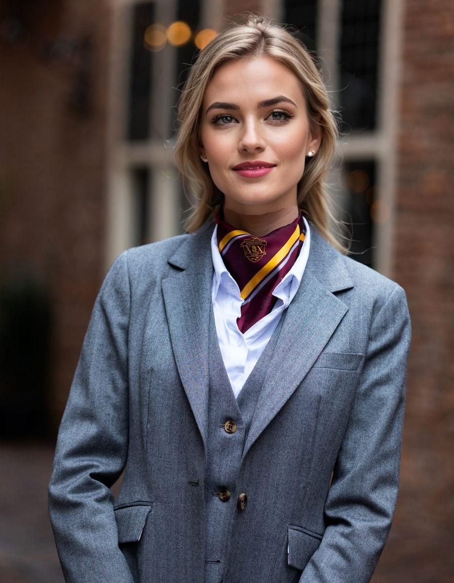 Classy Preppy Girl in Pinstripe Business Skirt Suit