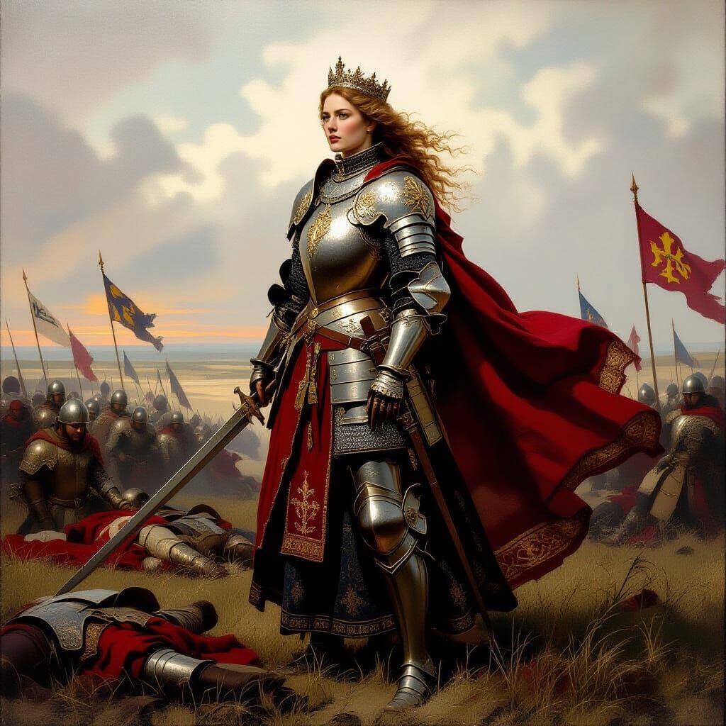 Regal Queen in Armor on Battlefield, Dramatic Oil Painting S...