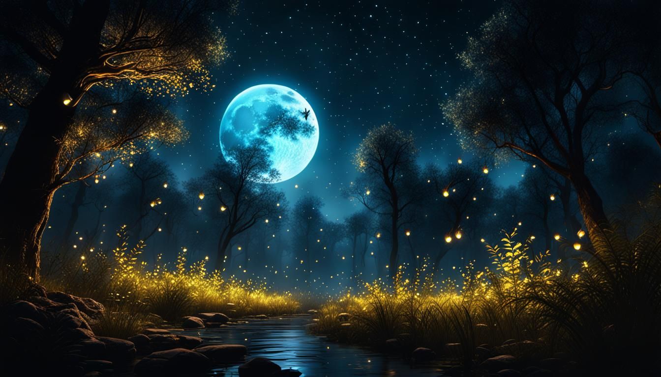 Glowing Fireflies Light a Fantasy Night Forest