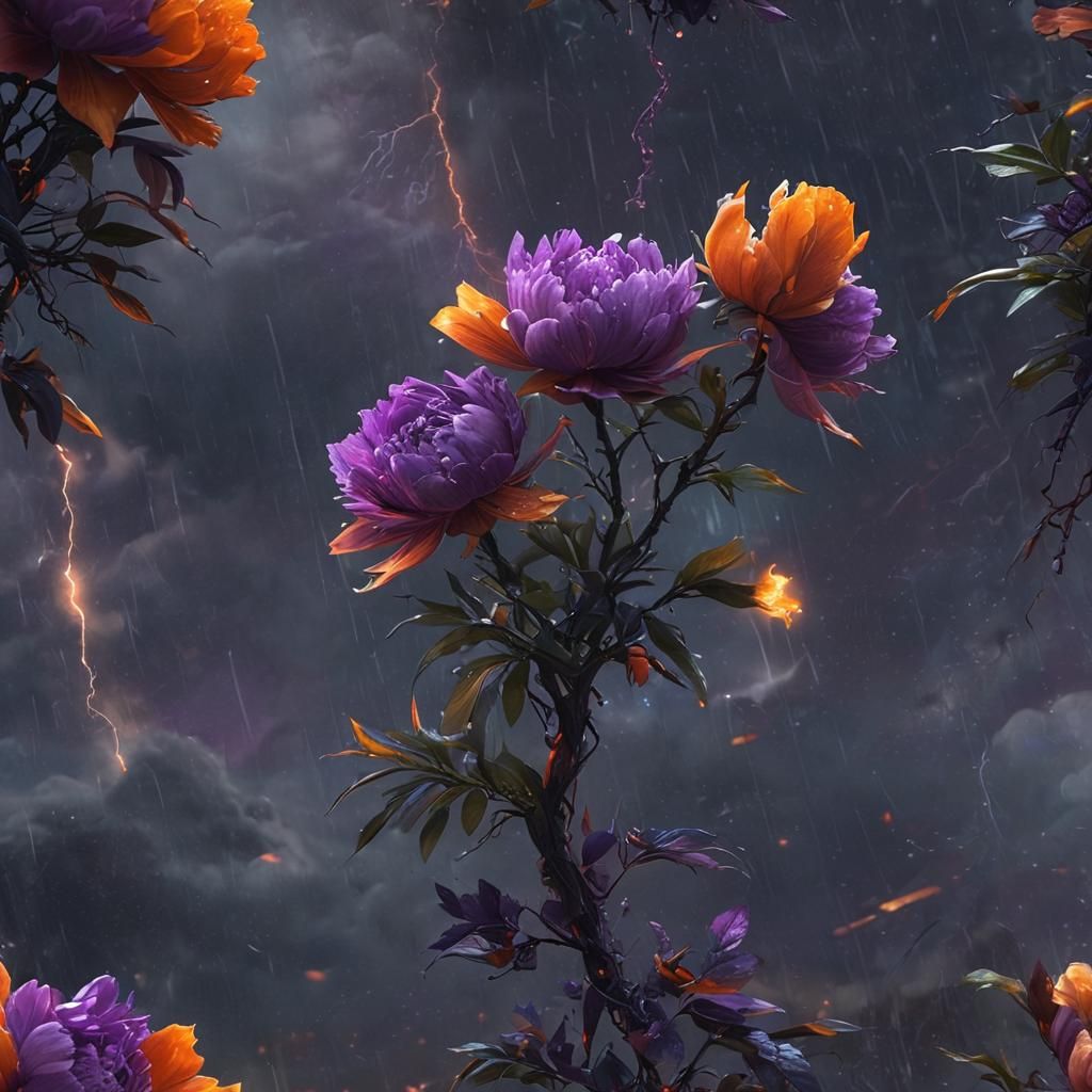 Lightning flower in a thunderstorm with rain showers, flames...