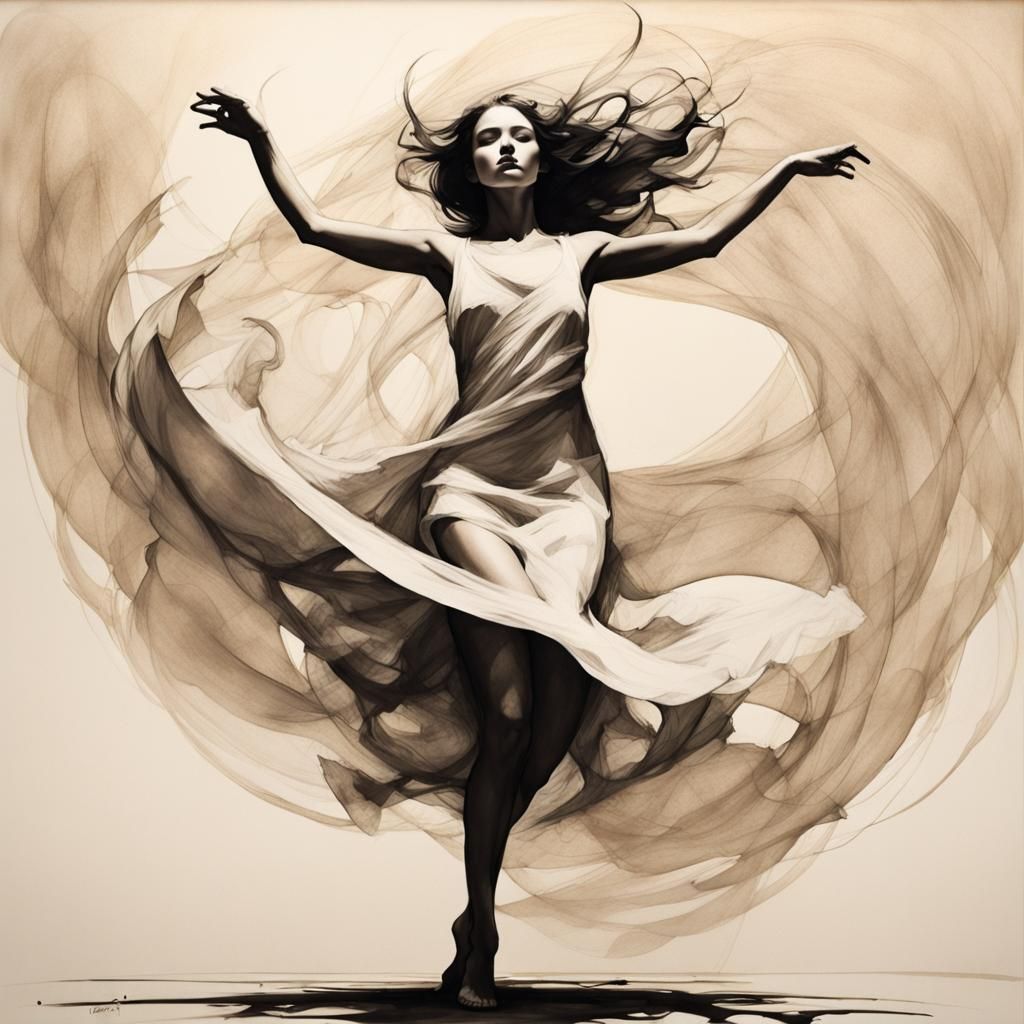 Dancing Woman in Abstract Ink Sketch