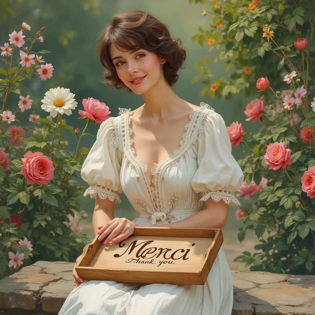 Elegant European Woman in a Garden with a Vintage Sign