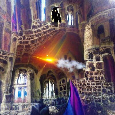 Steampunk Alchemist Brewing Potion in Gothic Ruins