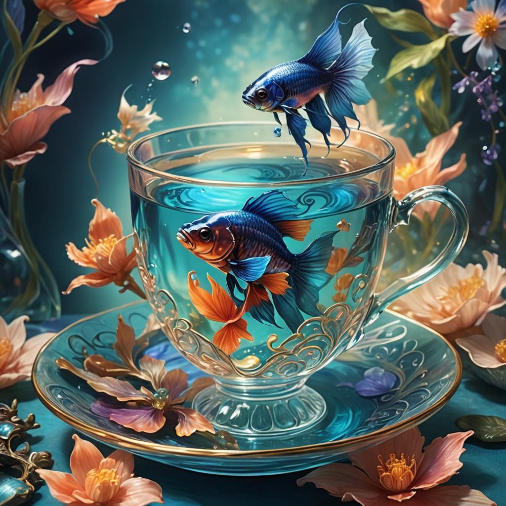 Fairy and Fighting Fish in Teacup