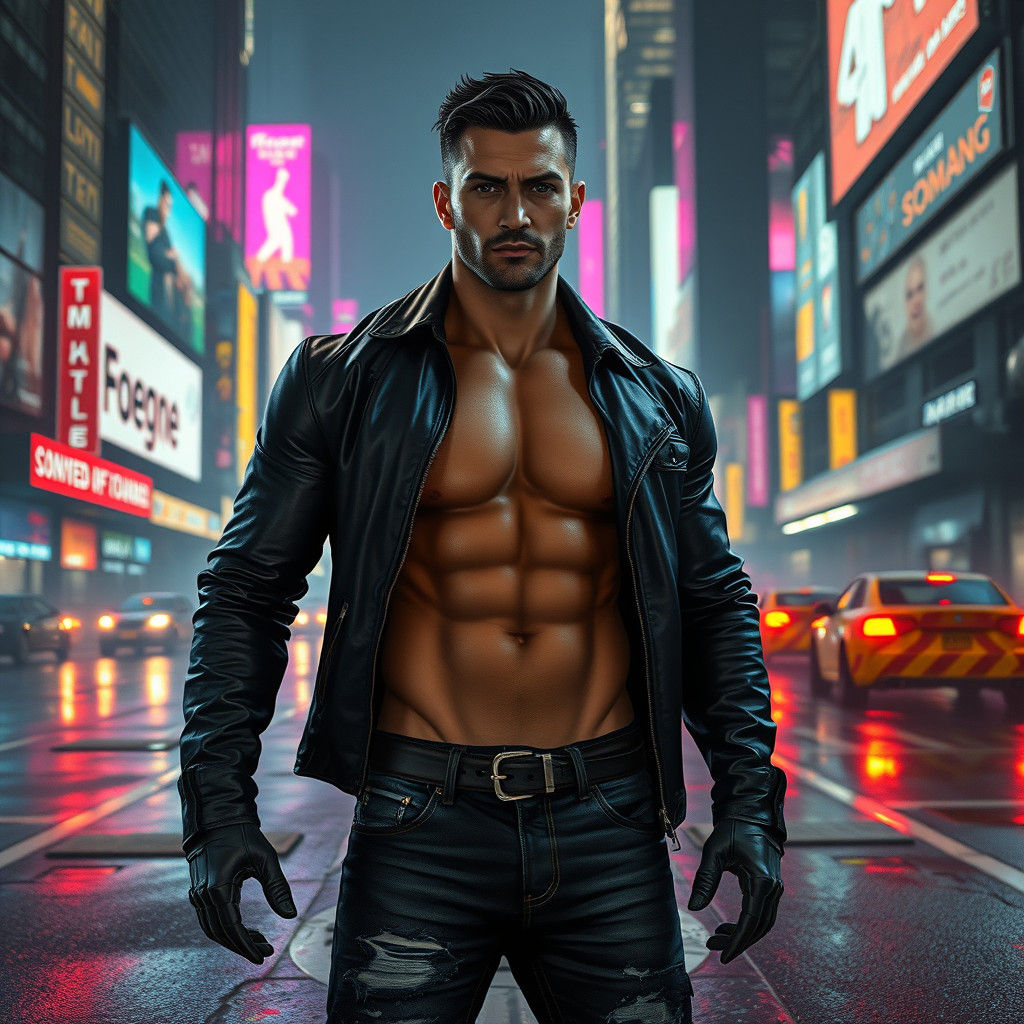 Cyberpunk Man with Six-Pack in Dystopian City