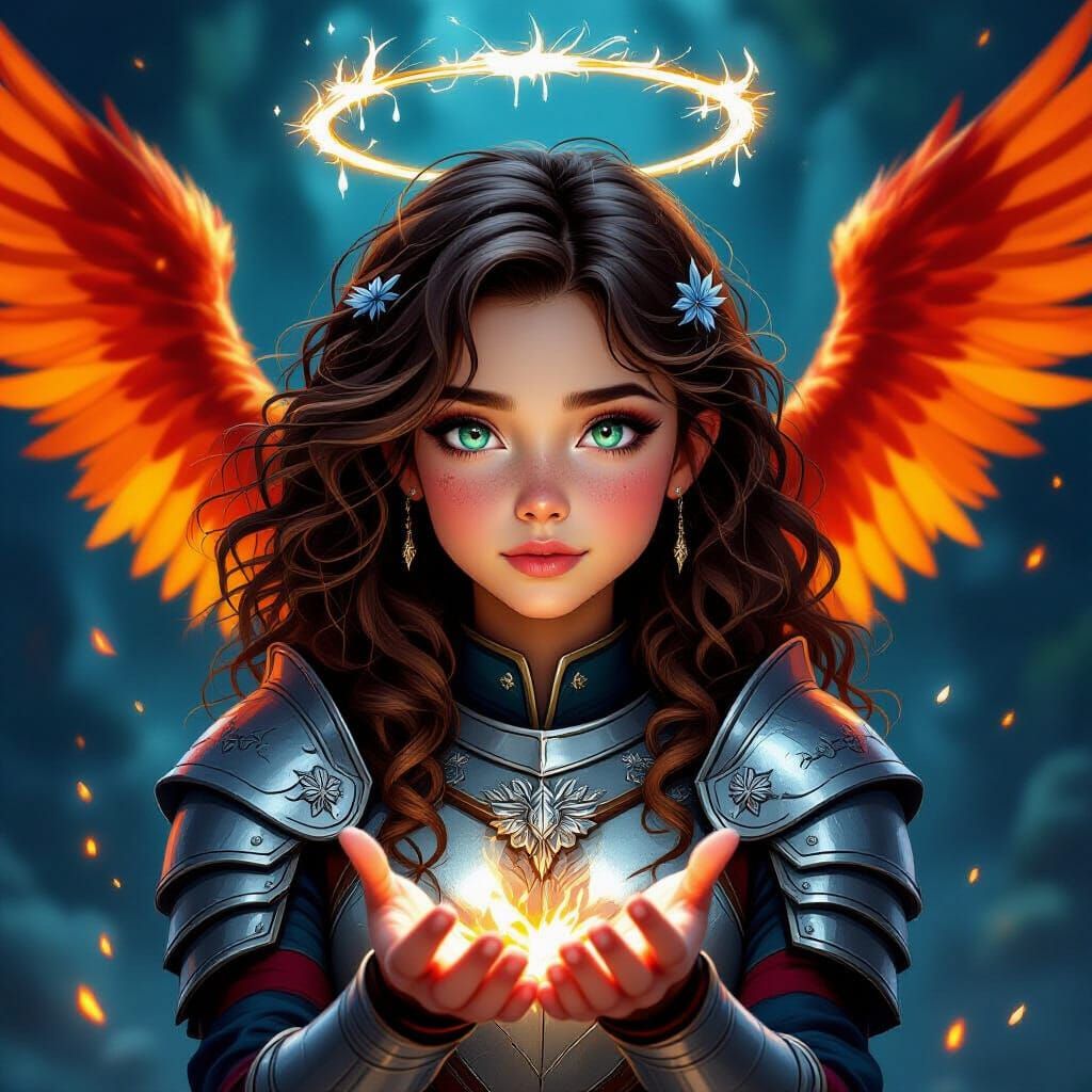 Hybrid Girl Portrait with Fiery Phoenix Wings
