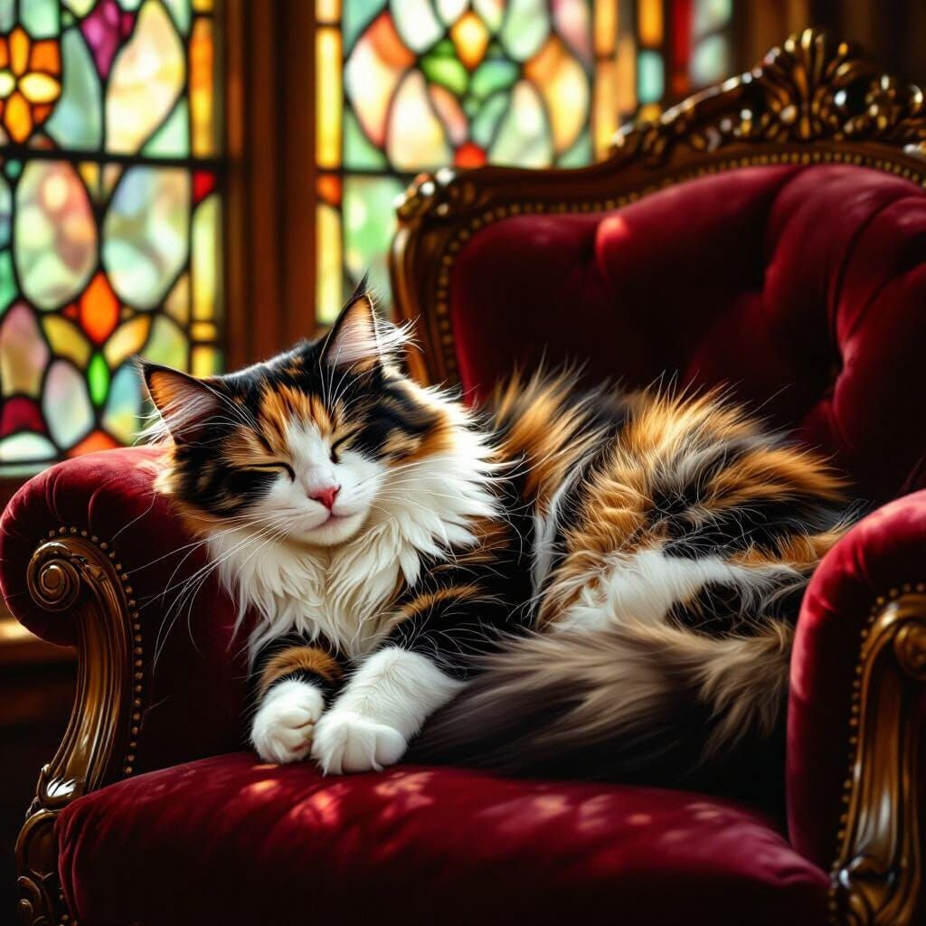 Fluffy Calico Cat Asleep in Velvet Chair