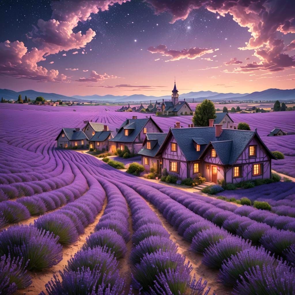 Lavender Fields at Sunset in Art Deco Style