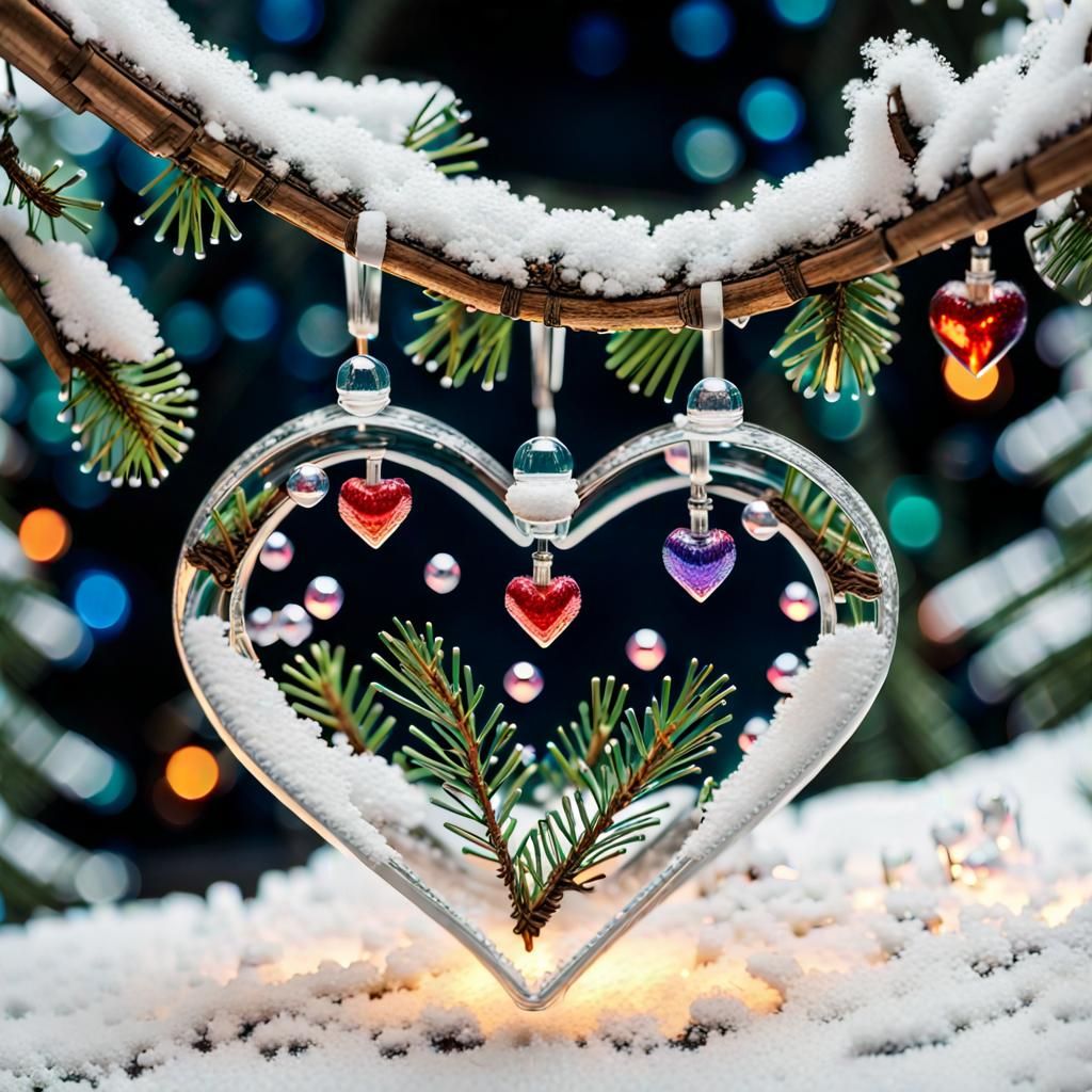 Heart Beads on Snowy Pine Branch in Winter Night