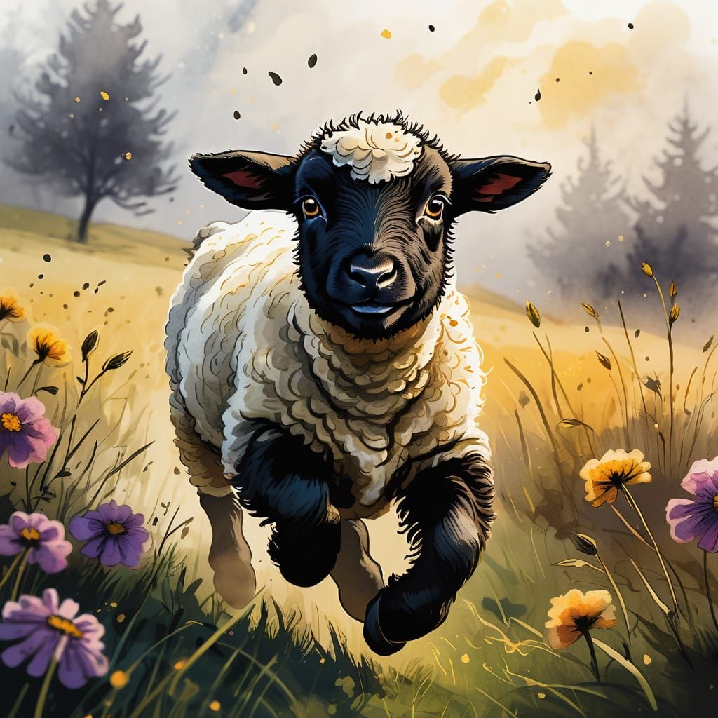 Lamb's Escape: A Comic Book Meadow Scene