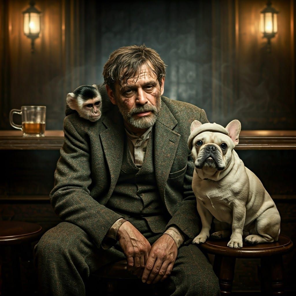 Irish Pub Scene with Monkey Advisor, Cinematic Style