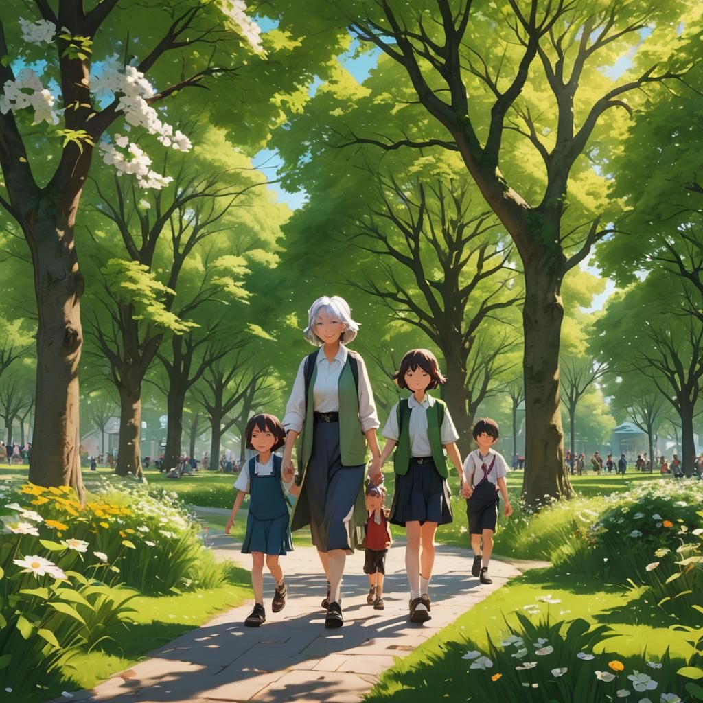 Grandmother and Grandchildren in Park, Anime Style