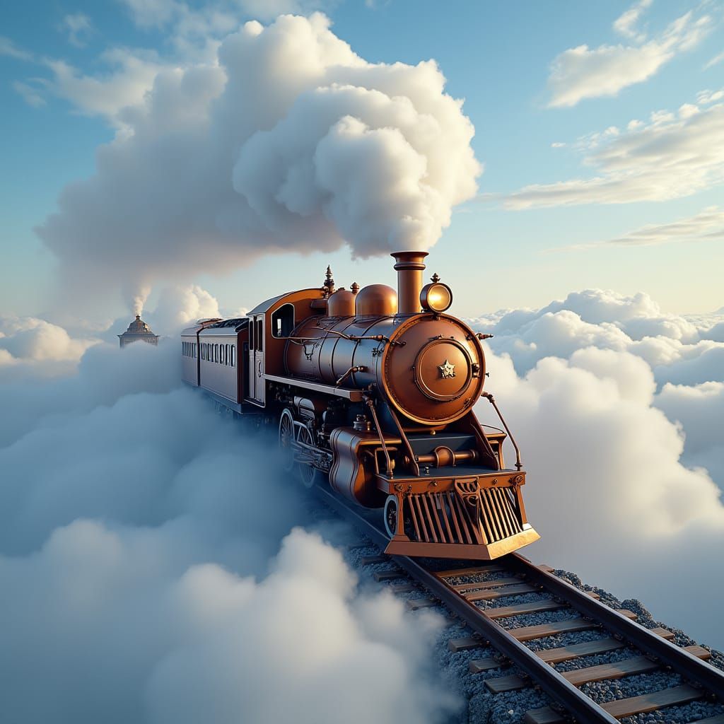 Copper Train Soaring Through Puffy Clouds