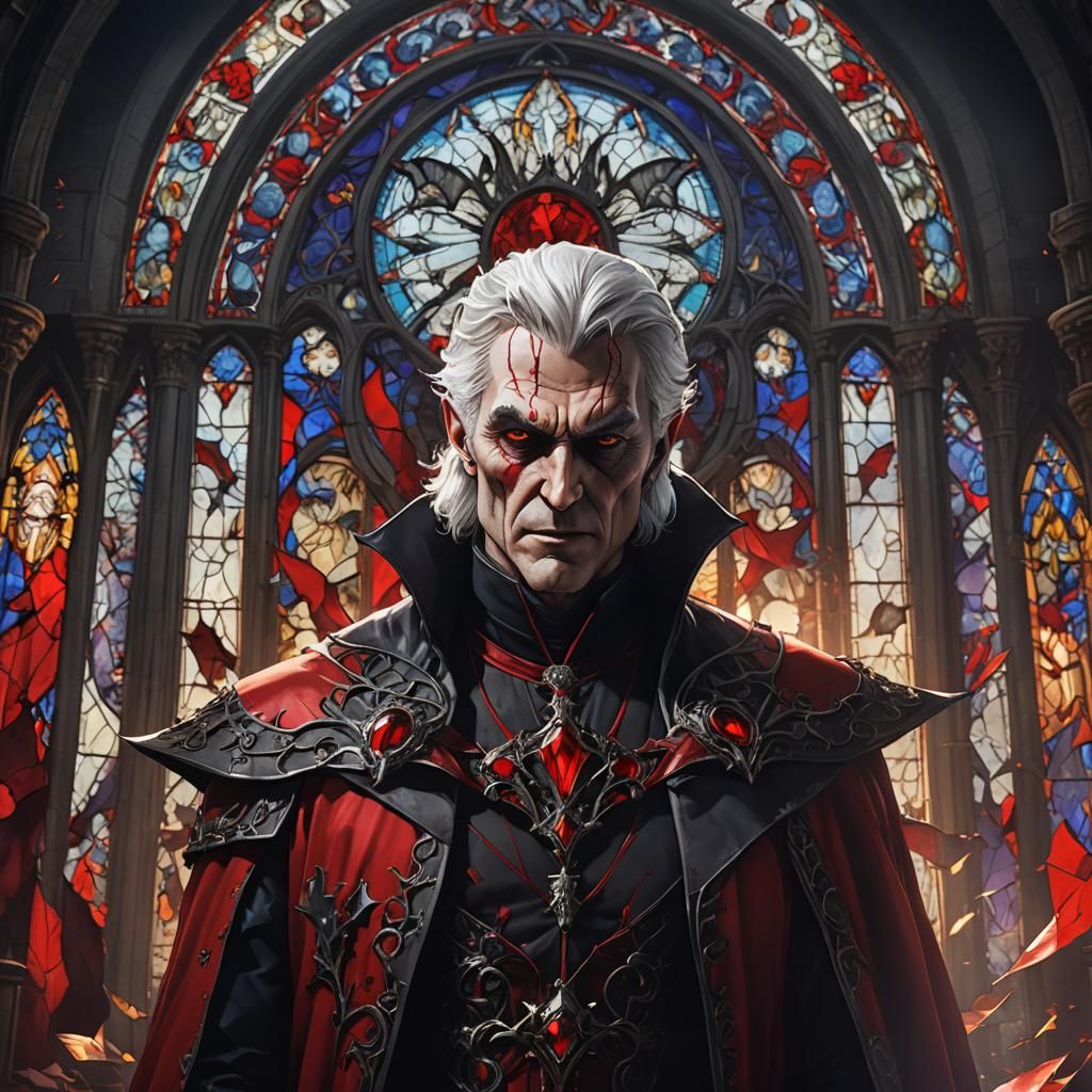 Stained Glass Vampire King with Bats