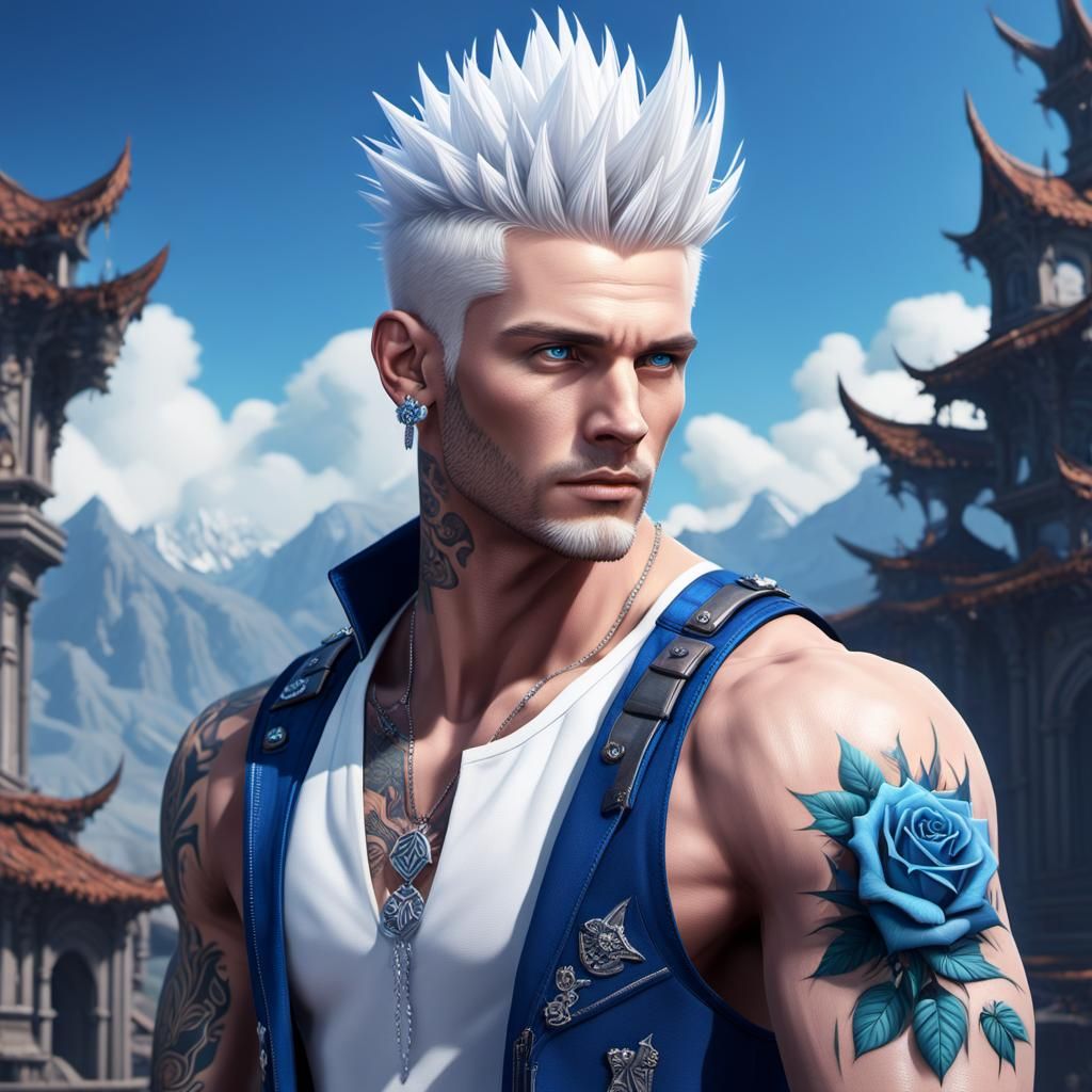 Handsome Man with Blue Rose Tattoo, Detailed Matte Painting