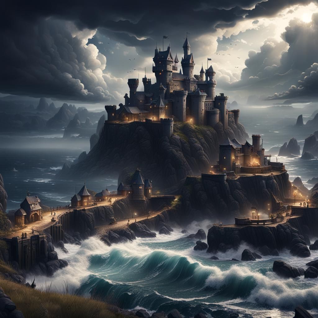 Stormy Black Castle Town: Detailed Matte Painting