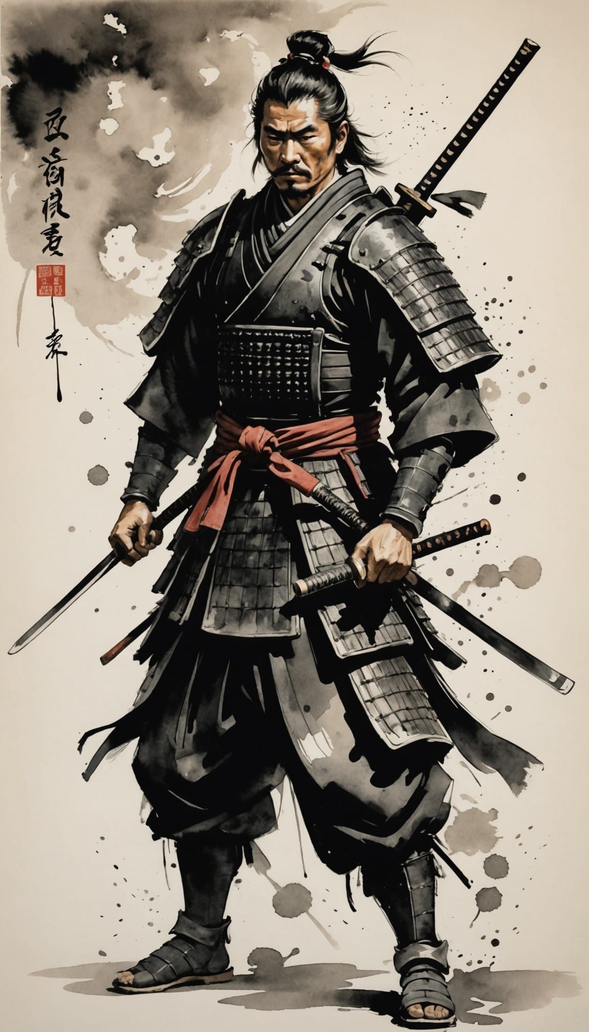 Stoic Samurai in Sumi-e Battle
