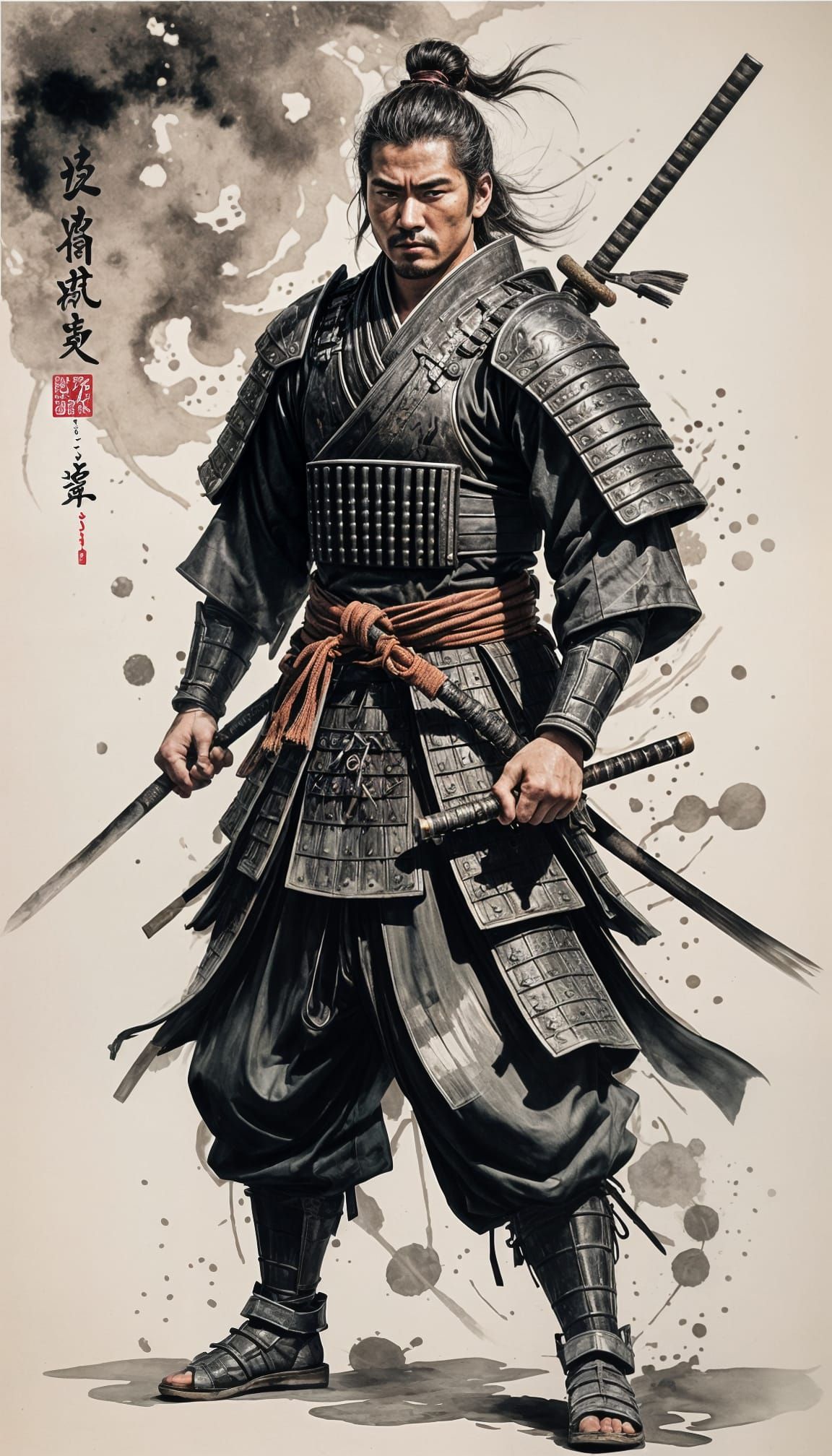 Stoic Samurai Warrior in Sumi-e Style Amidst Battle