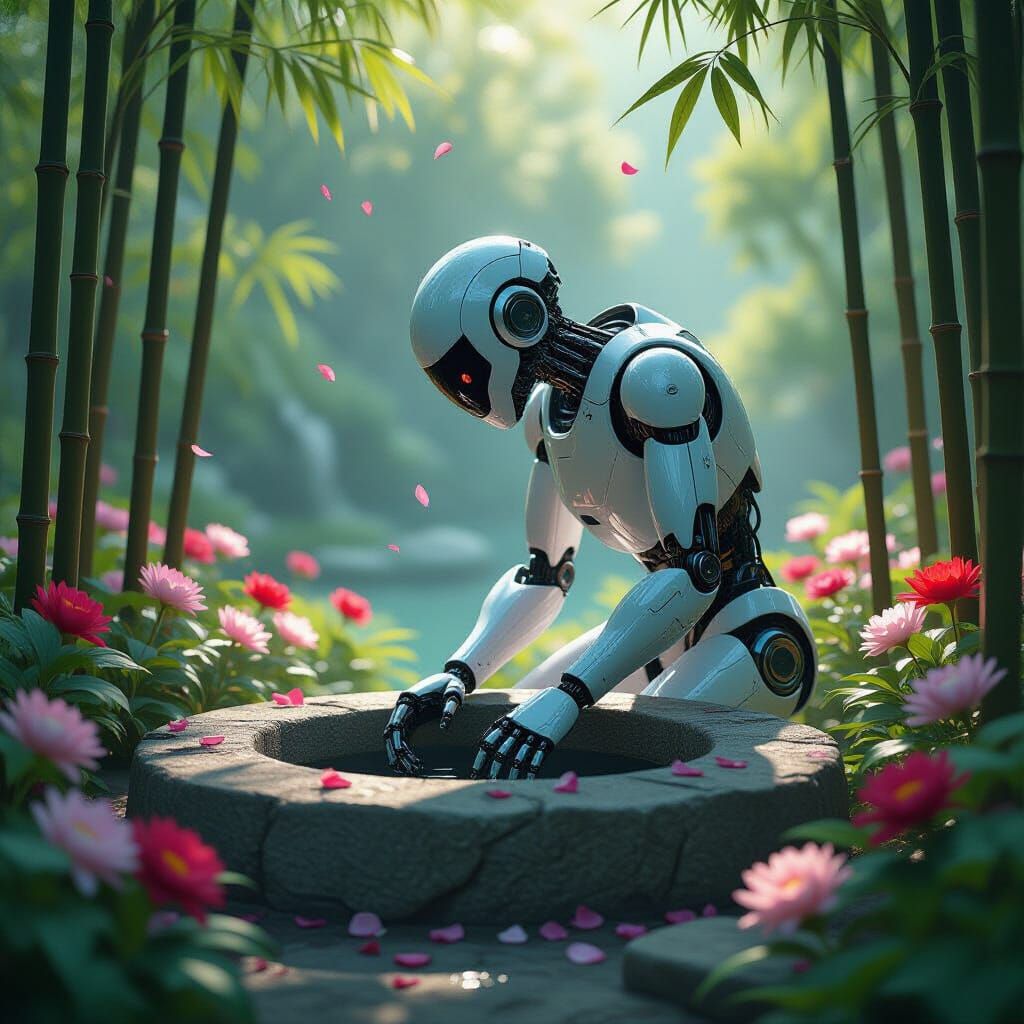 Robot Gazing into Well Surrounded by Flowers