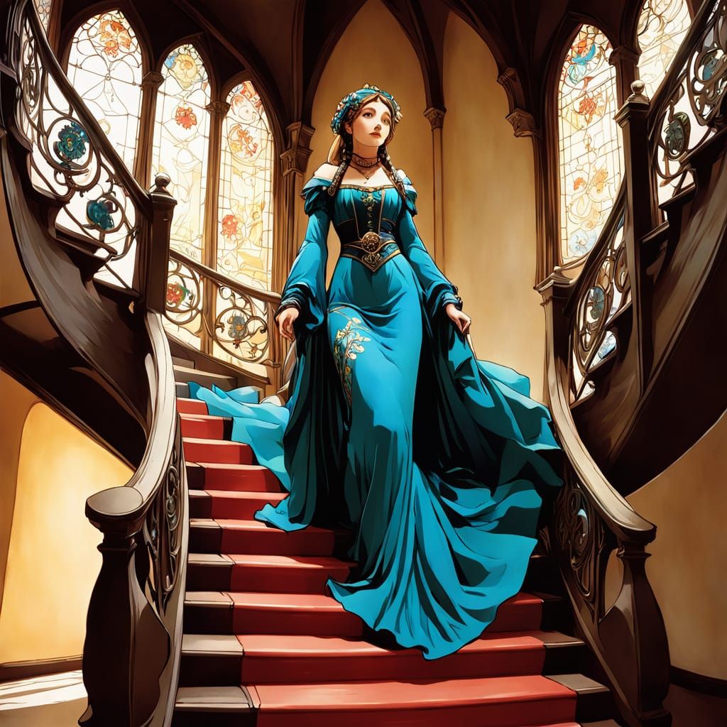 Woman Descending Stairs in a Vibrant Cartoon Style