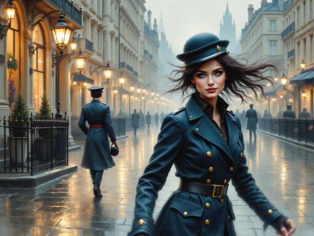 Romantic London Rain Scene in Whimsical Watercolor Style