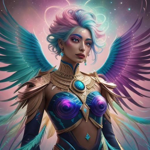 Woman with Metallic Skin in Vibrant Cosmic Illustration