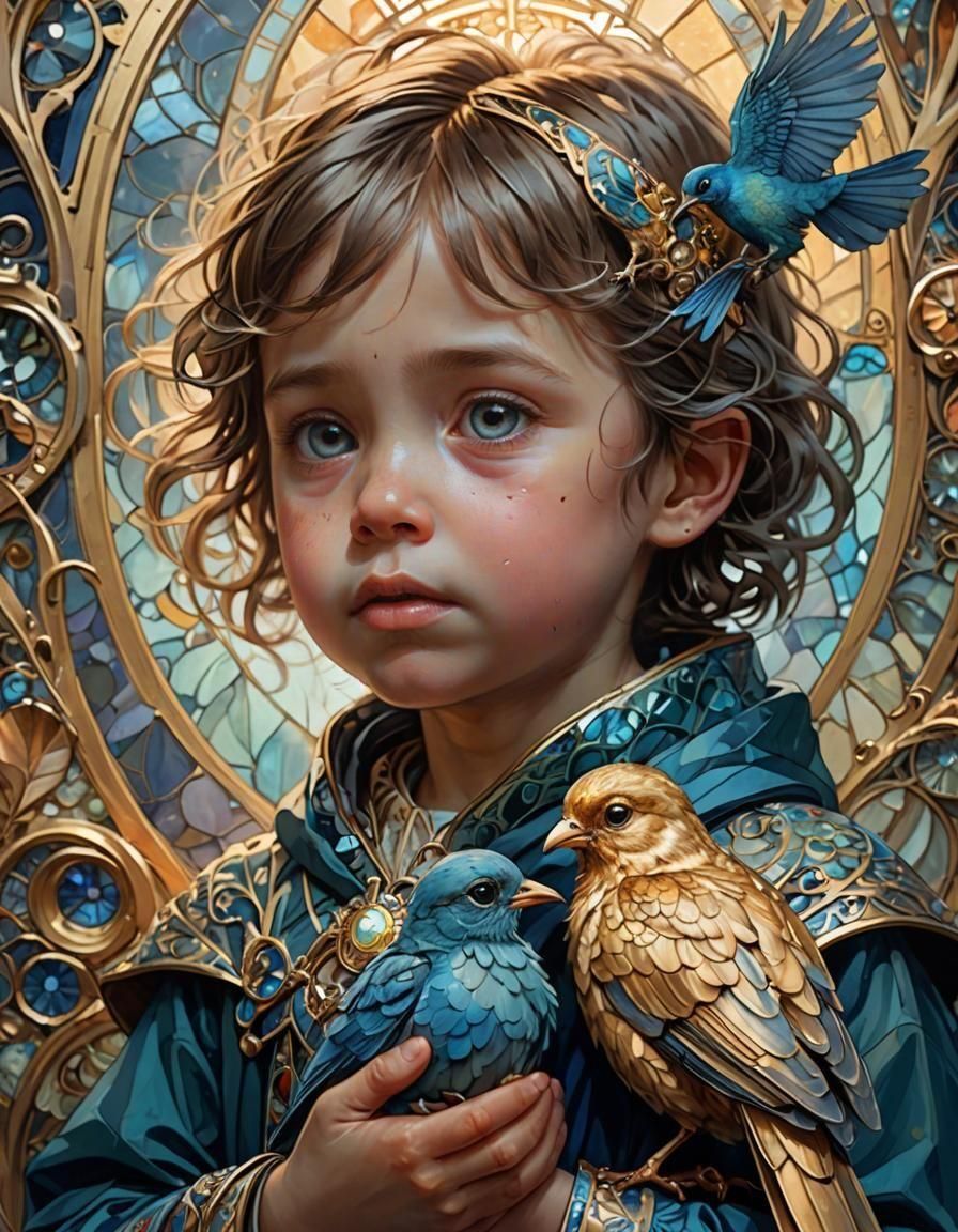 Child Portrait with Bird in Hyperdetailed Lighting