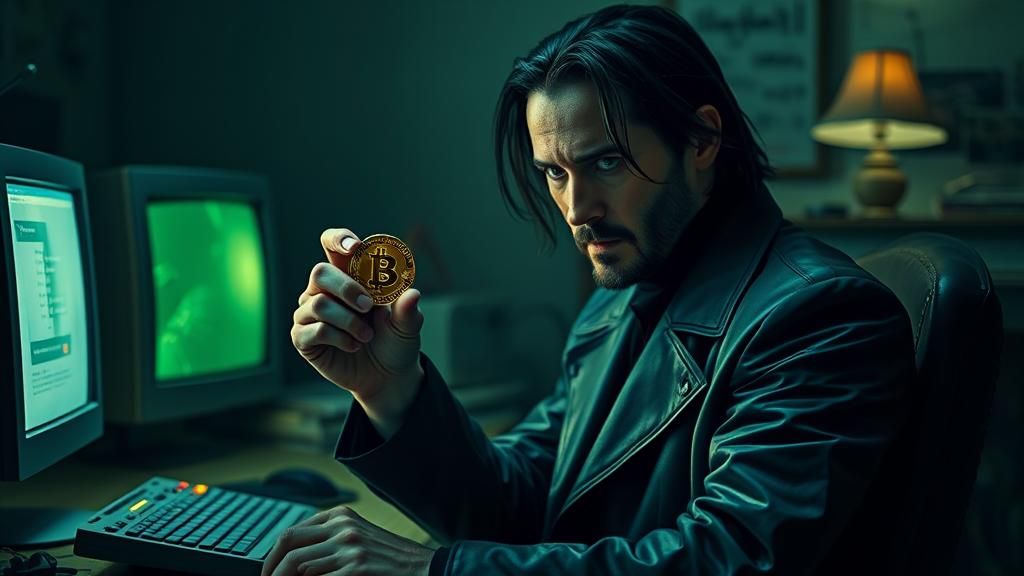 Neo Holding Bitcoin in Gritty Photorealistic Style