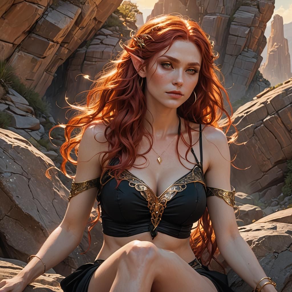 Red-Haired Elf in Black Bikini, Detailed 3D Anime Art