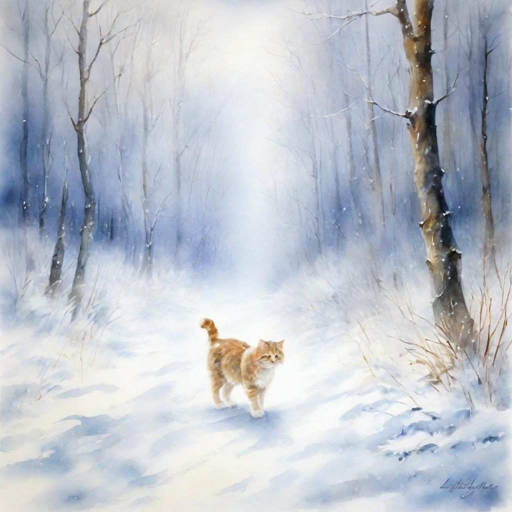Cat Walking Through Blizzard in Watercolour Style