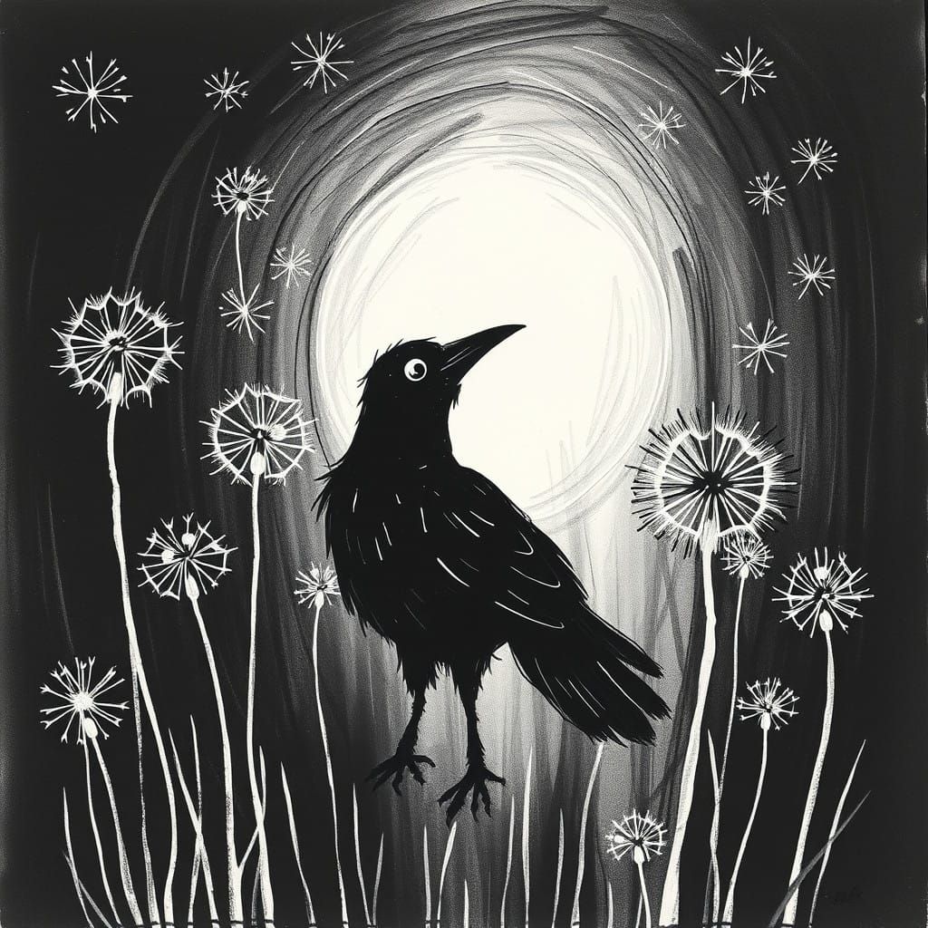 Surreal Child's Drawing of Black and White Dandelions in a W...