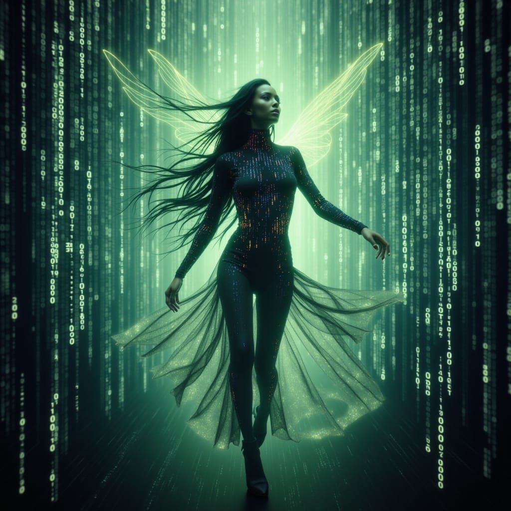 Ethereal Beauty with Binary Code Visions