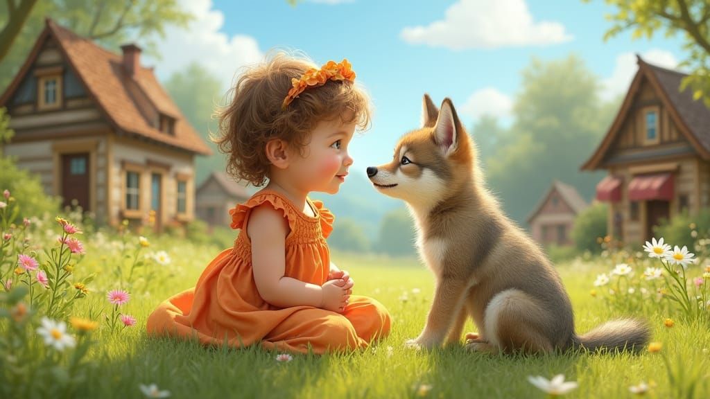 Child and Wolf Pup in Whimsical Landscape