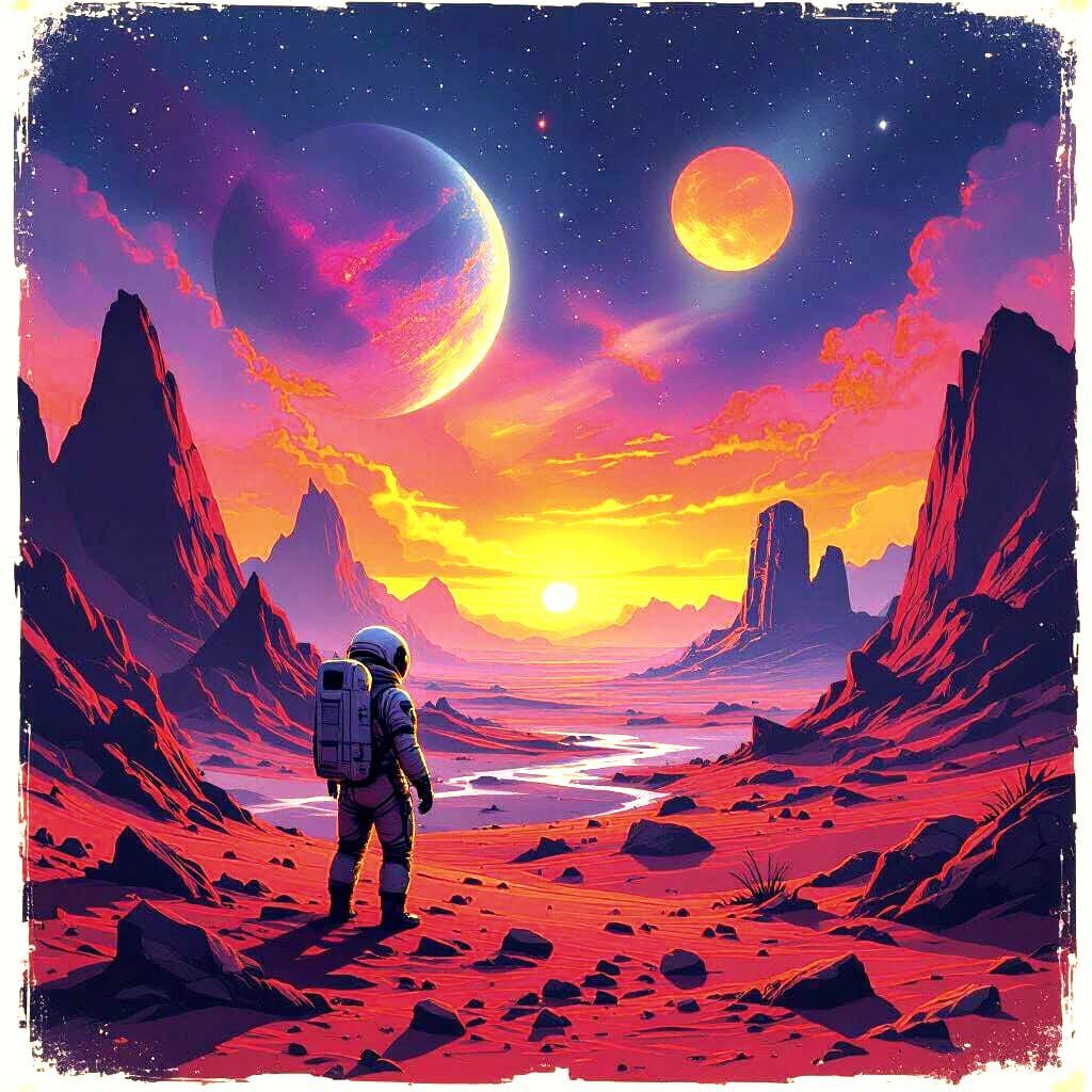 Astronaut Gazes at Nebula Sunset on Alien World