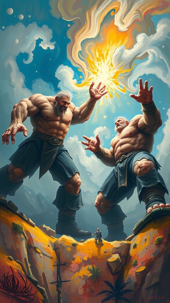 Giants Clash: An Impressionist Landscape