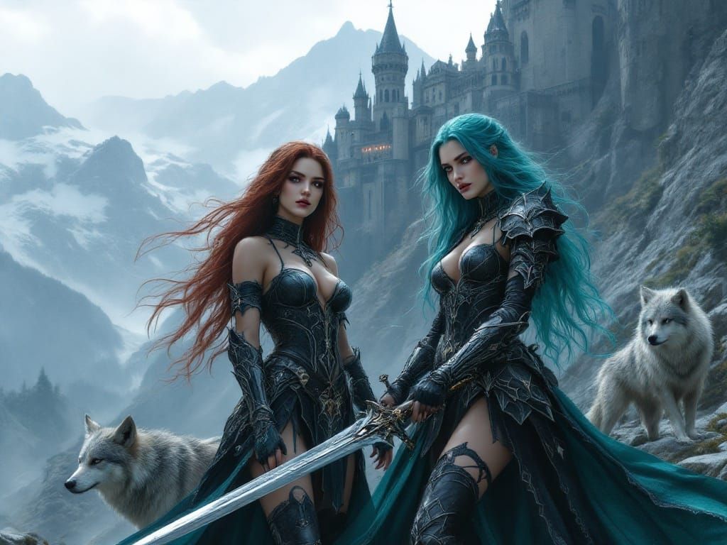 Gothic Warrior Women in Turquoise Armor Stand Before a Castl...