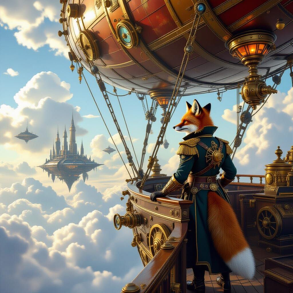 Steampunk Fox Airship Captain on Zeppelin