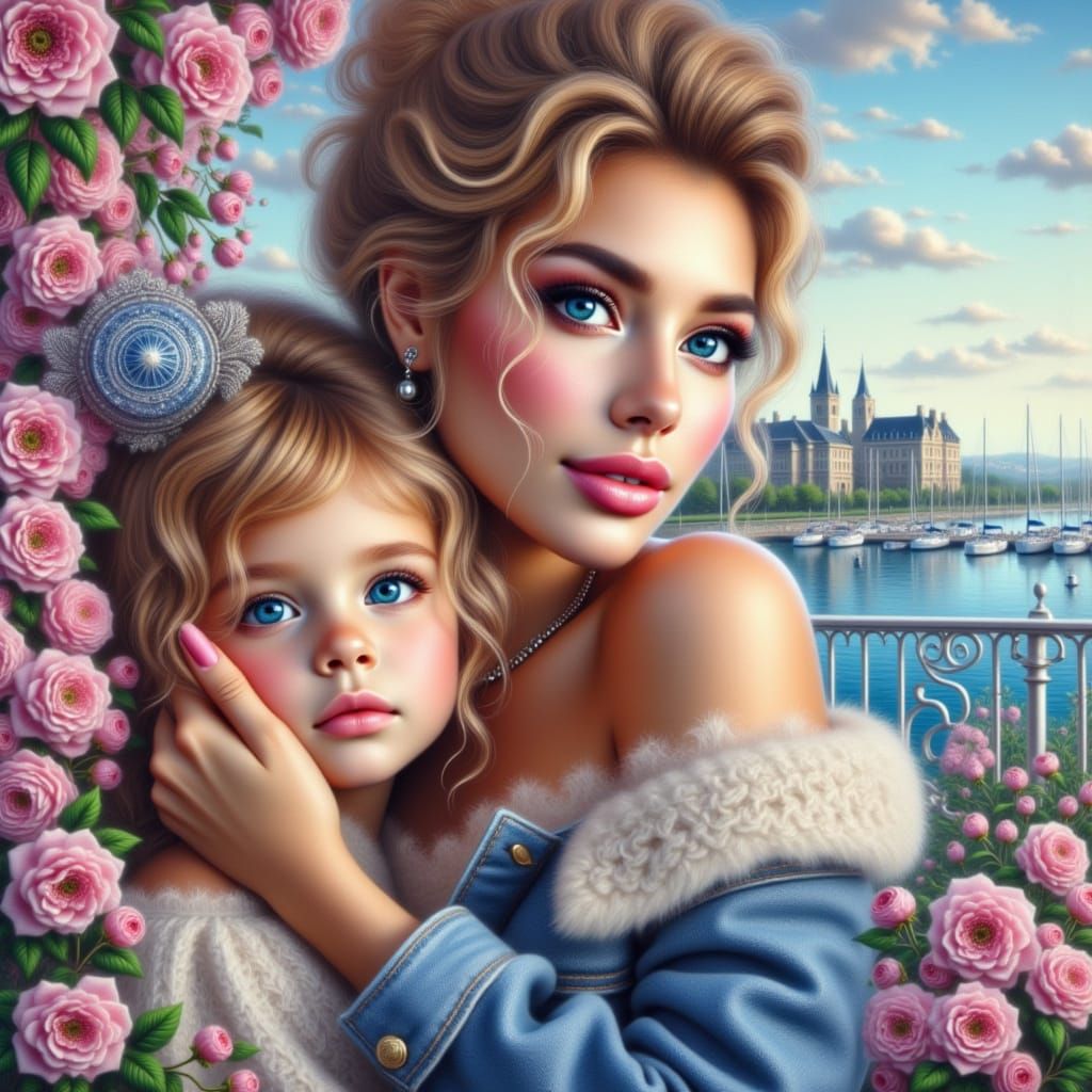 Surreal Portrait of Woman and Child in Bloom Garden