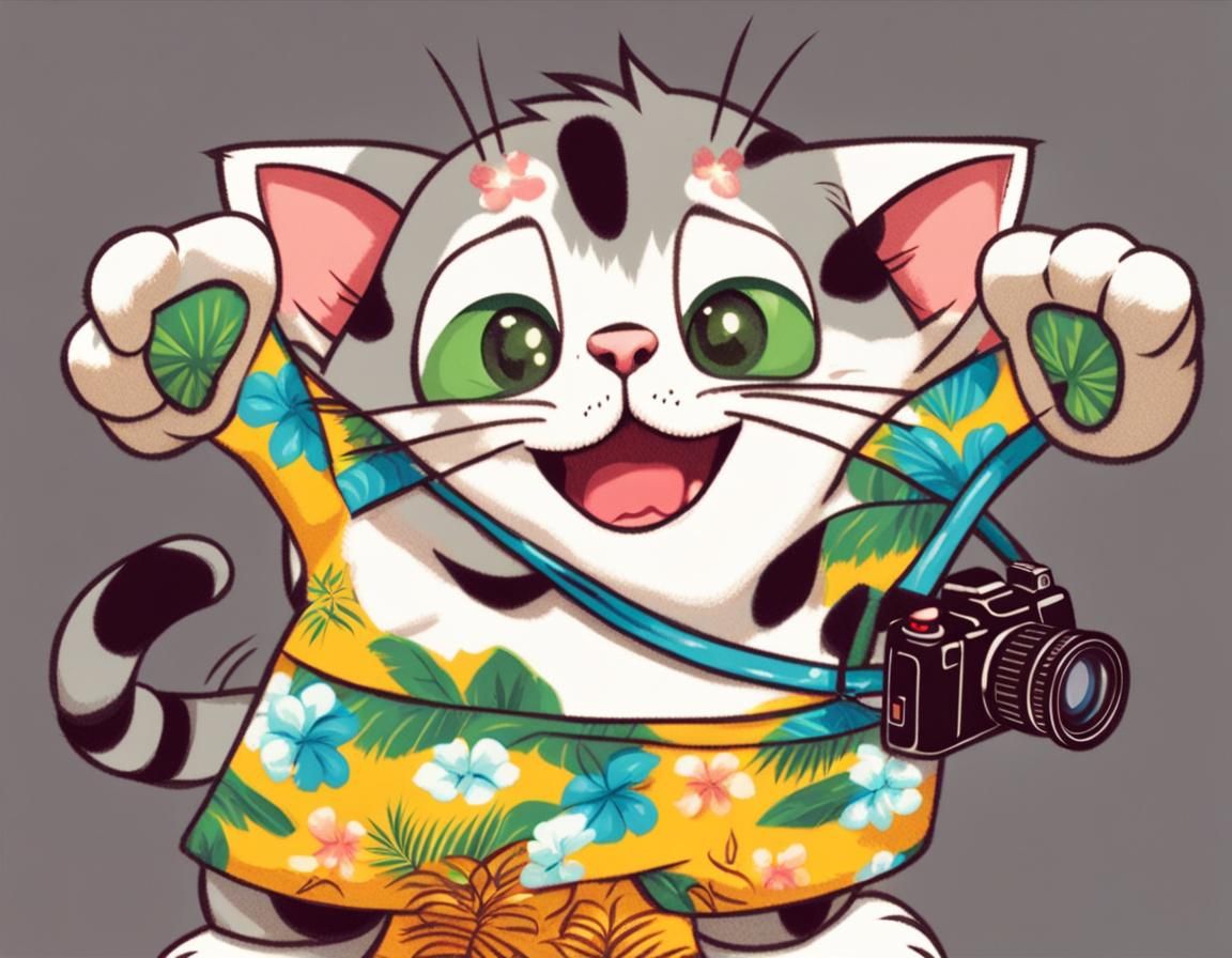 Smiling Cat in Hawaiian Shorts, Anime Style