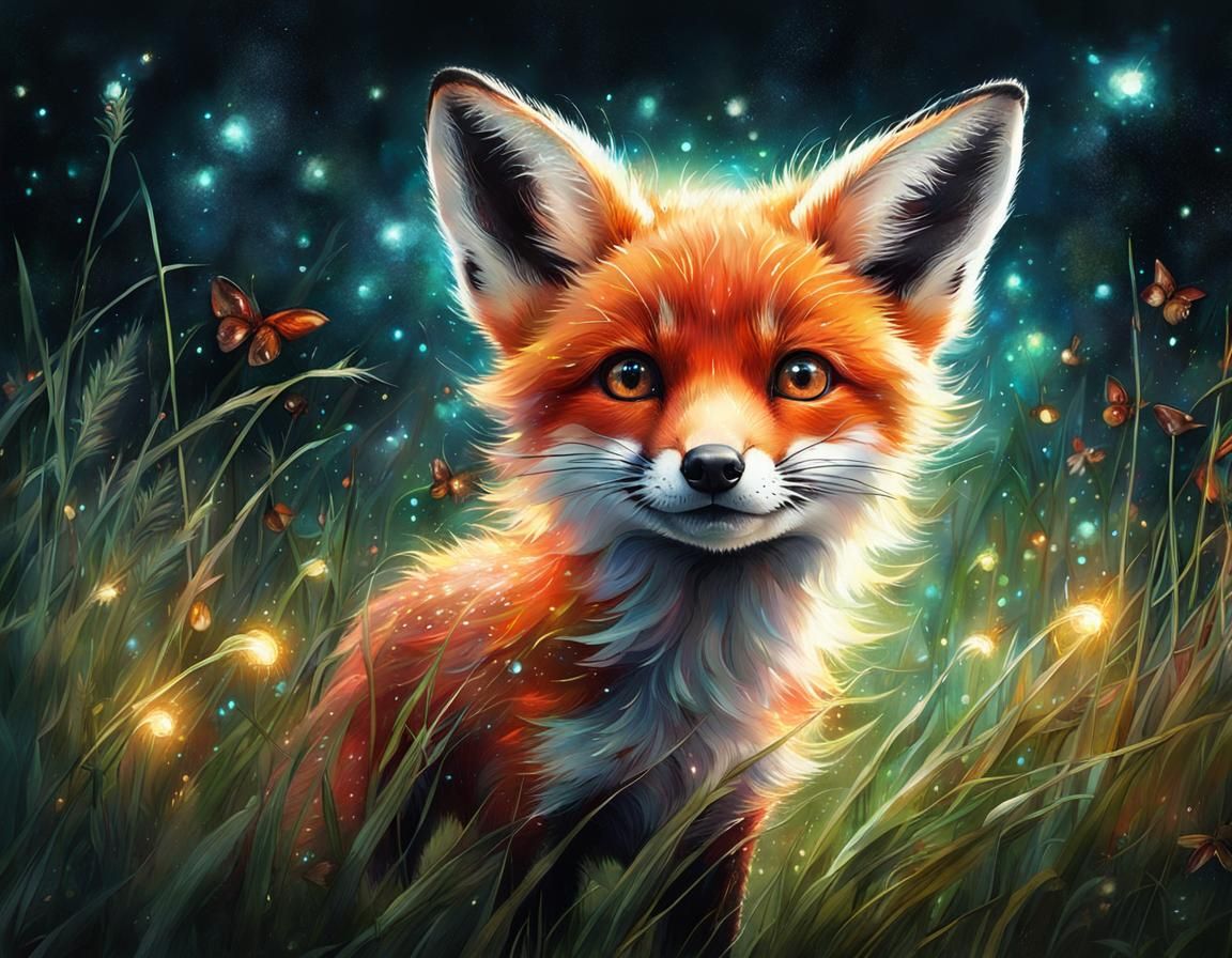 Sparkly-Eyed Fox Cub in Ethereal Garden