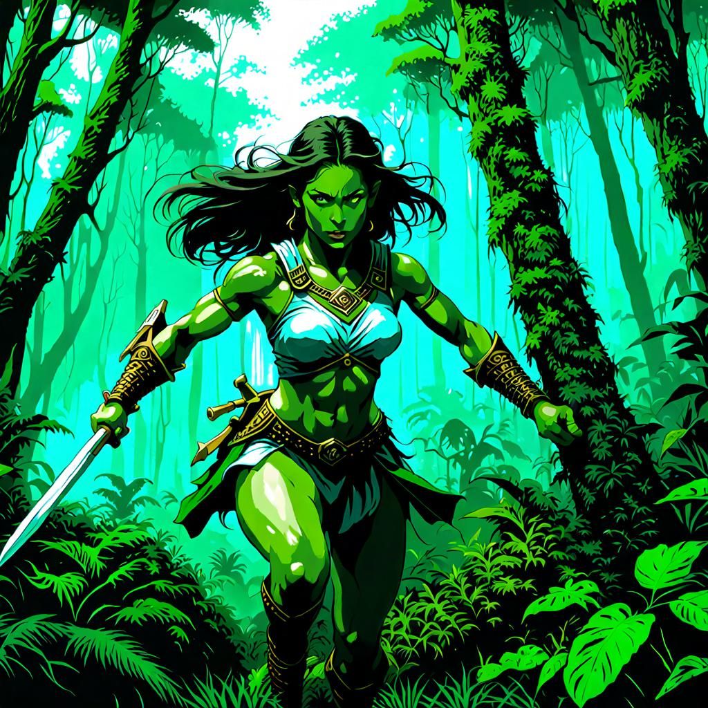 Amazon Warrior in Jungle Action Scene