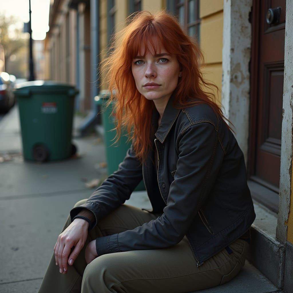 Hyper Realistic Photo Of A Red Haired Woman On A Stoop