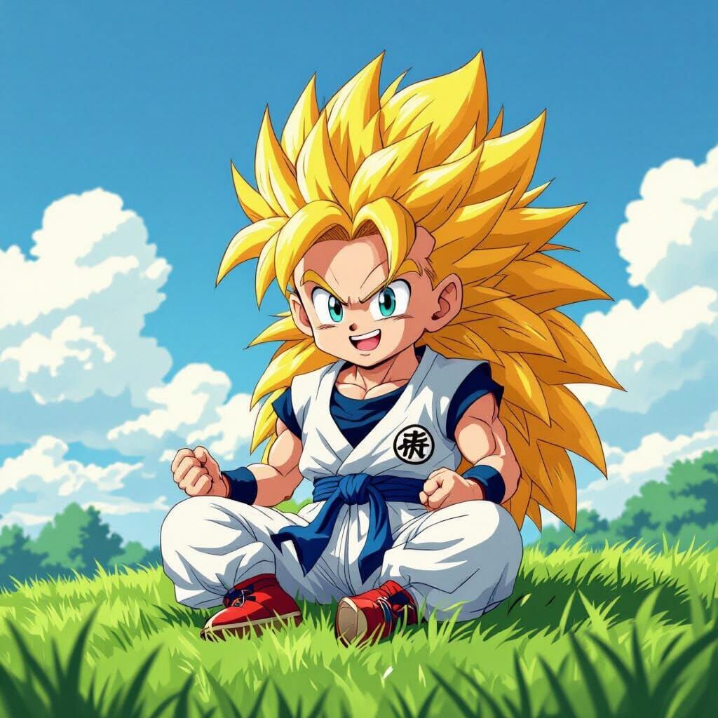 Gotenks Super Saiyan Relaxing Under Blue Sky