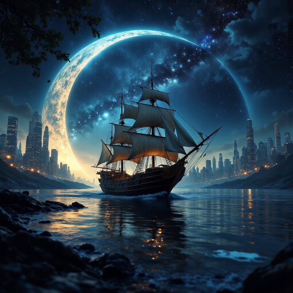 Steampunk Sailing Ship on River to the Stars